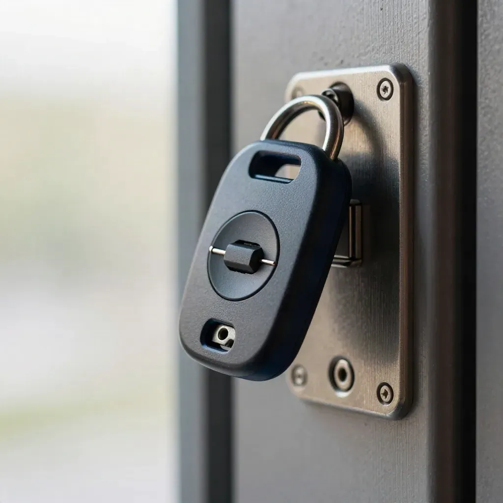 Macro RFID door fob, latch plate, reed sensor and alarm contact on graphite metal