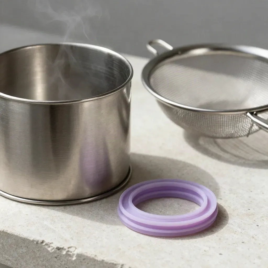 Steel hopper lid, mesh sieve, gasket, and sample cup on pale stone with steam.