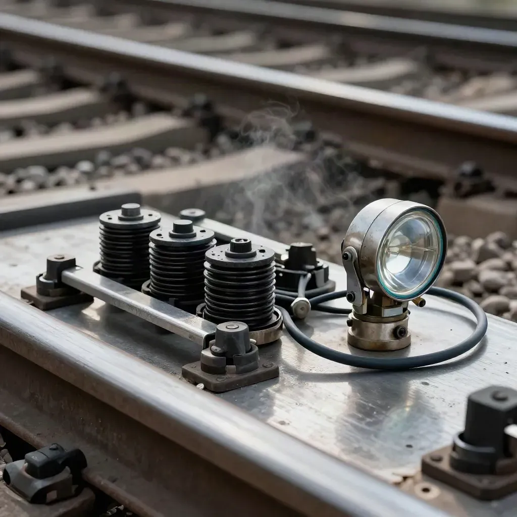 Rail fastening clips, joint bars, relay coils and a worn lamp on brushed steel.