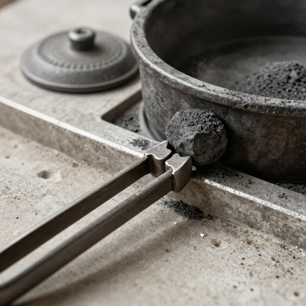 Cast iron ingot and foundry tools on concrete with drifting dust and soft daylight.