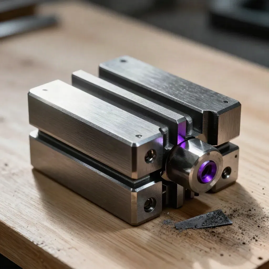 Macro overhead of CNC collet block, clamp jaws, chip tray sliver, and metal dust on pale wood.
