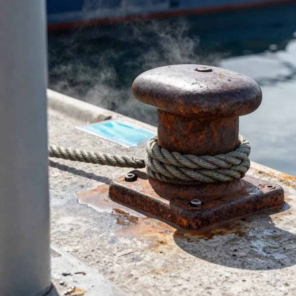 Moored dock hardware: cleat, rope coil, container seal, and bollard cap on stone.