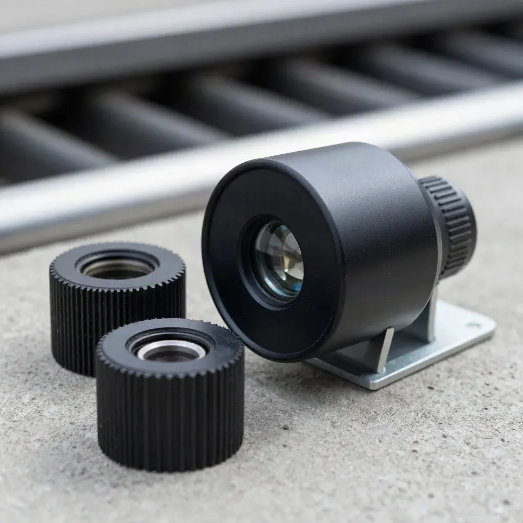 Matte-black photoelectric sensor, knurled collars and bracket on concrete, lit by a hard rim