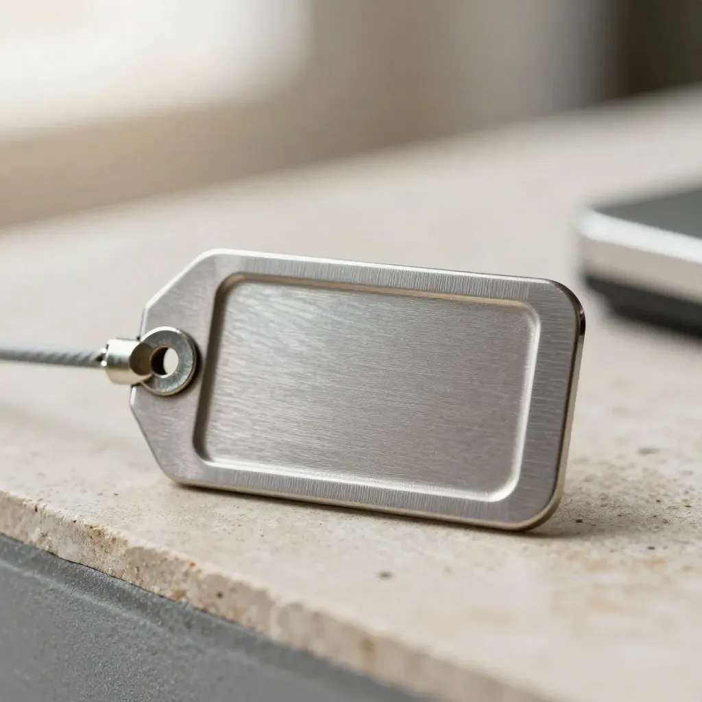 Macro of an aluminium machine tag, riveted ID plate and cable marker sleeve on stone.