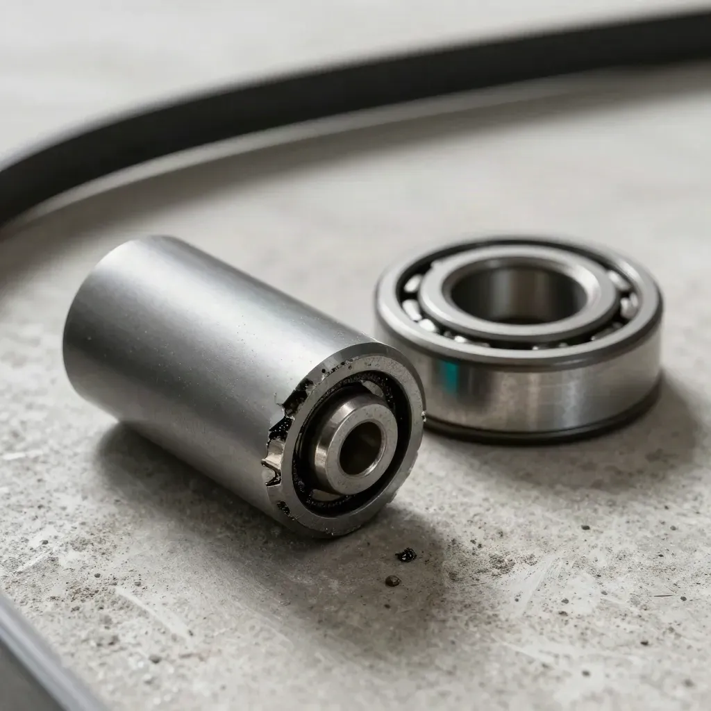 Chipped conveyor roller beside intact roller and bearing race on brushed concrete