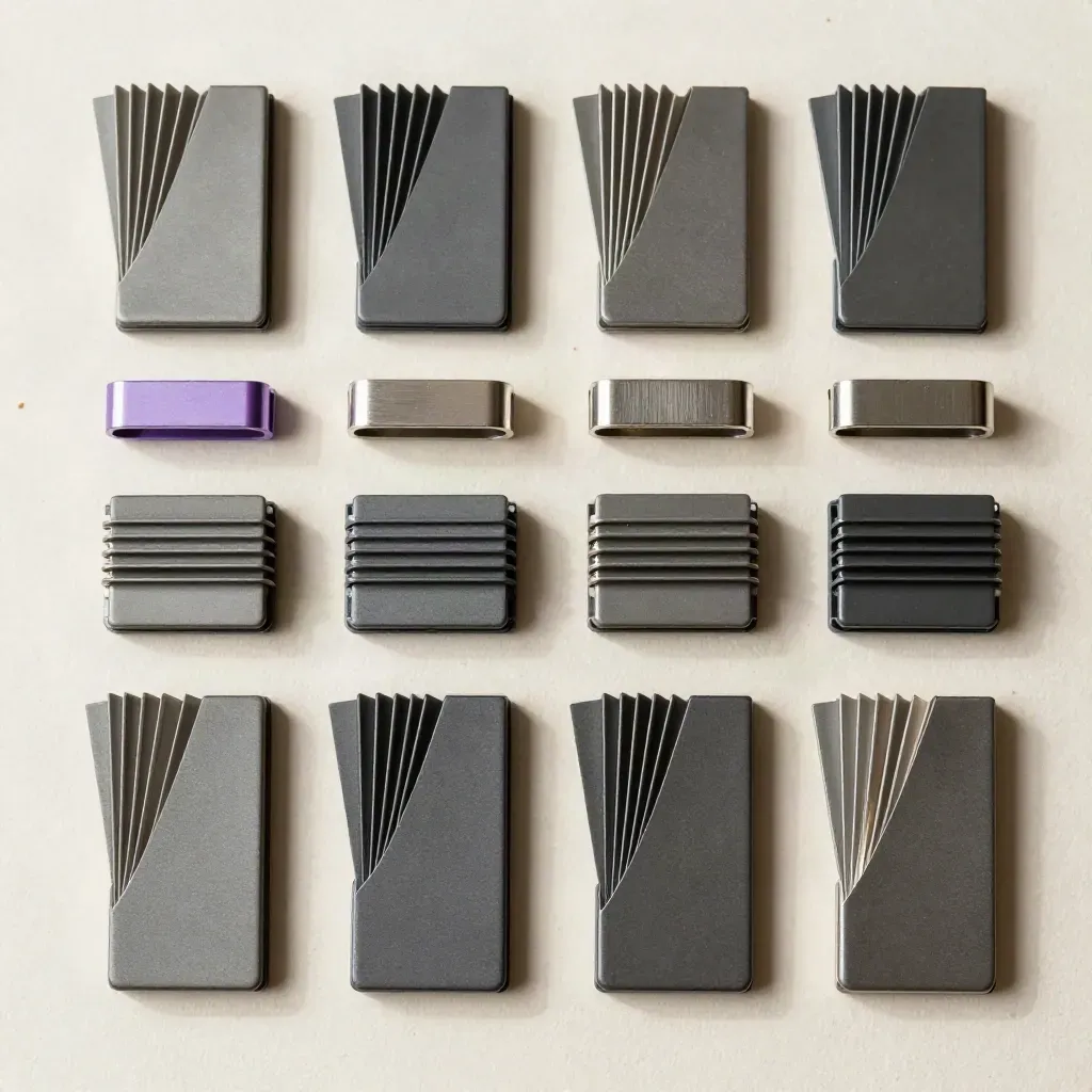 Parts bins, anodised tabs, and inspection token on pale plaster in a precise flat lay.