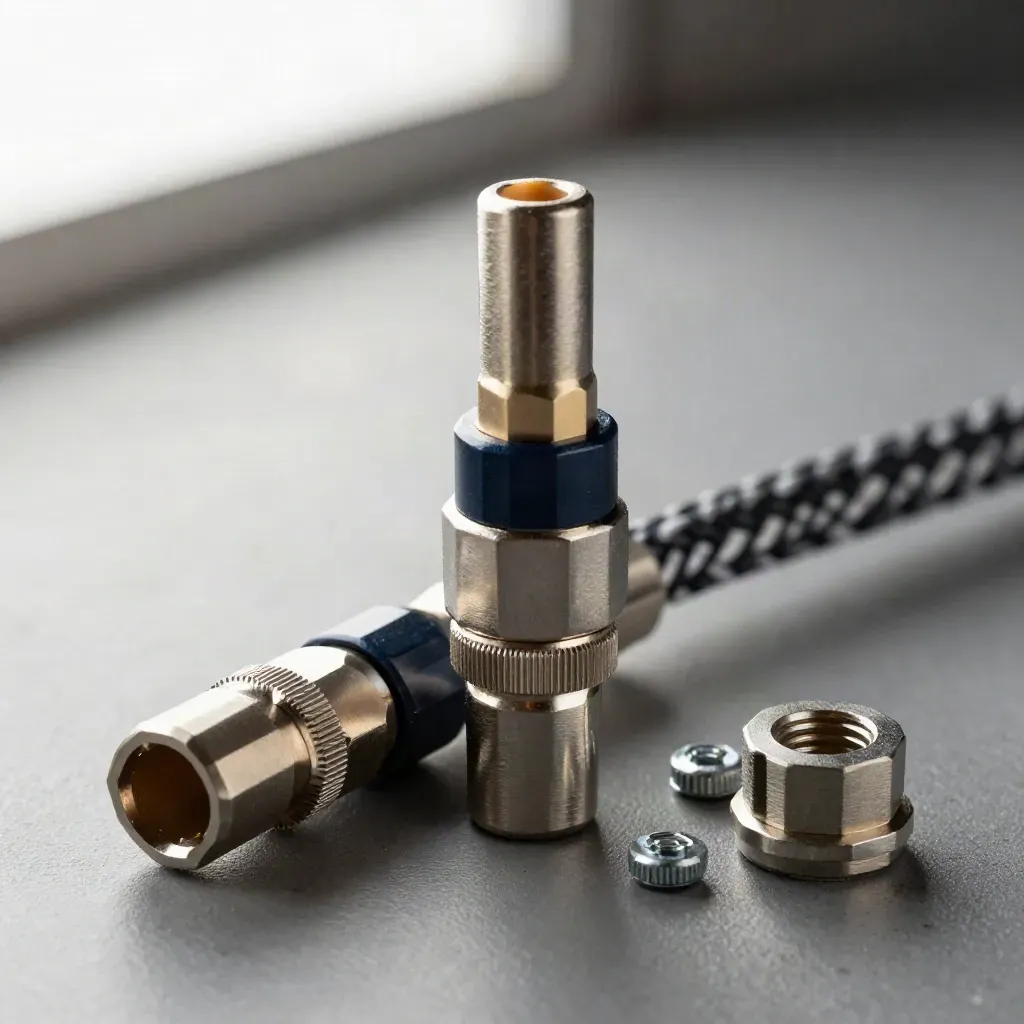 Macro of connector blocks and a sealed junction coupler on brushed metal with navy accent.