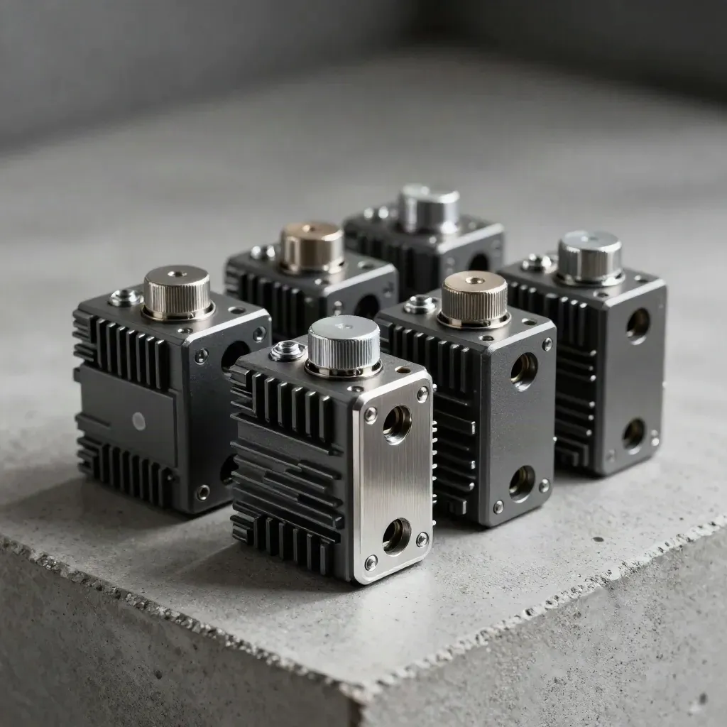 Rugged edge modules, terminal blocks, and a beacon puck on cool concrete in dramatic light