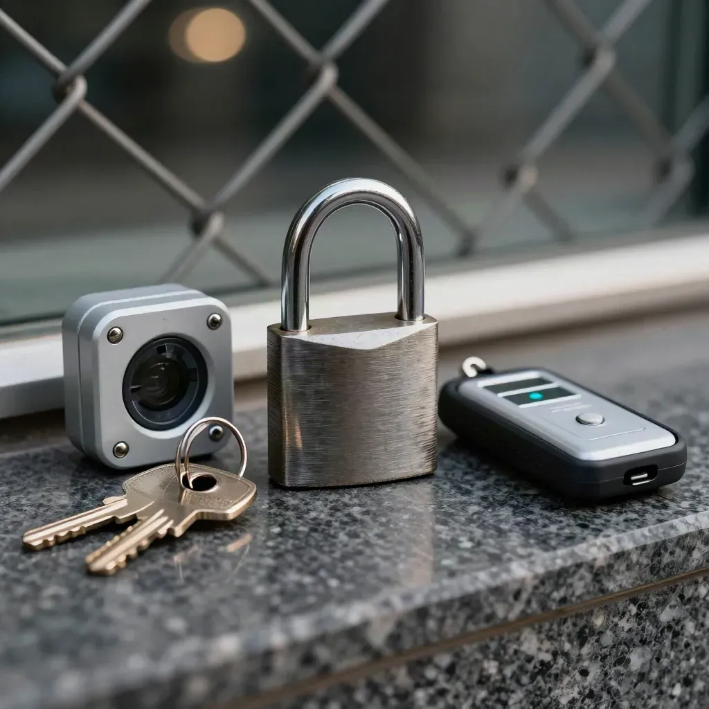 Chain-link foreground frames door sensors, padlock, key ring and fob tray on a stone security bench.
