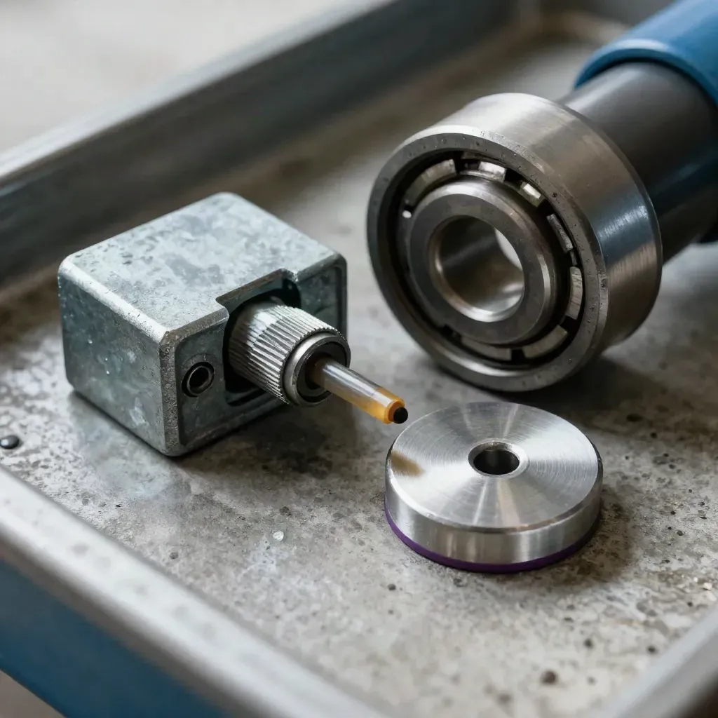 Lockout hasp, roller bearing, grease nozzle and steel puck on oily concrete in a top-down cluster.