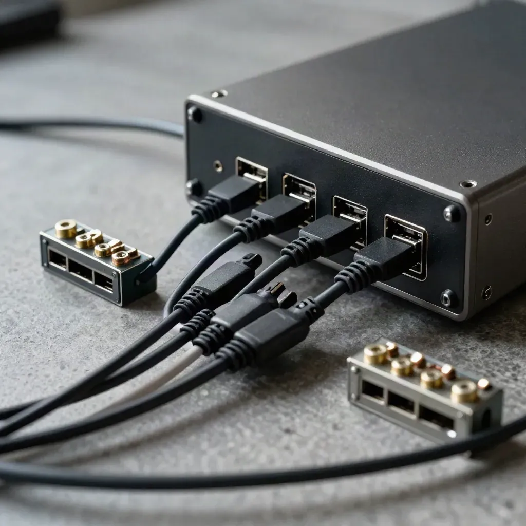 Edge gateway blocks and adapters on brushed stone, shot low through a cable loop.