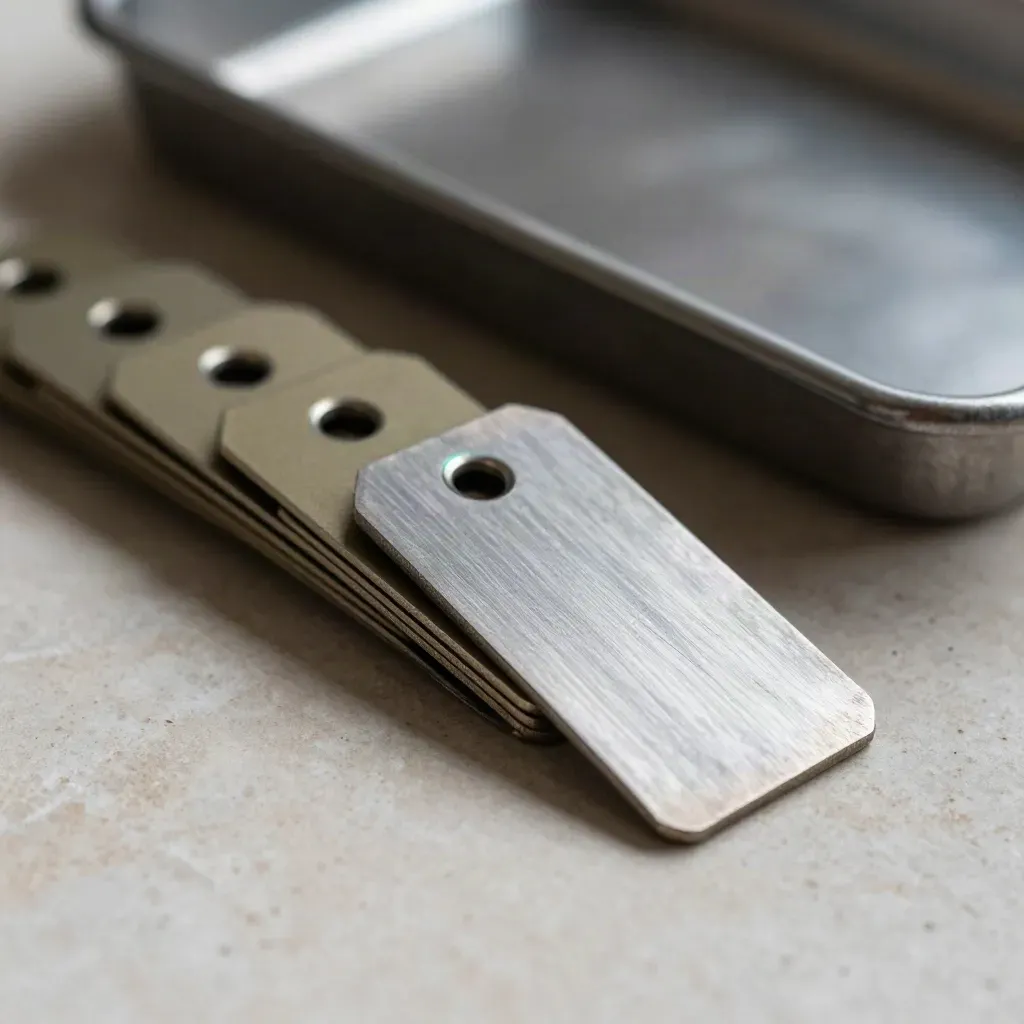 Macro still life of metal asset tags, inspection tabs, and a serial plate on pale stone.