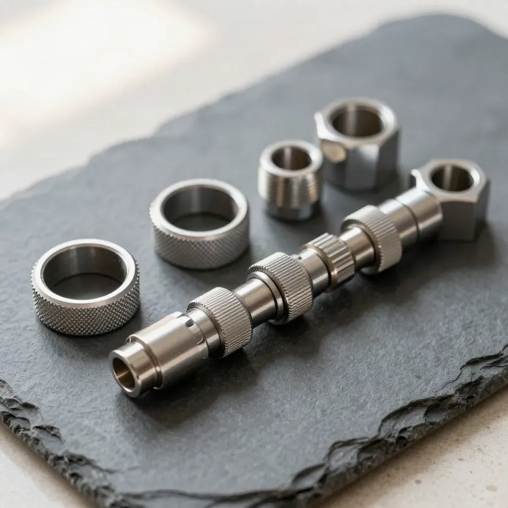 Linked metal couplers and connector block on graphite stone, shot in macro detail.
