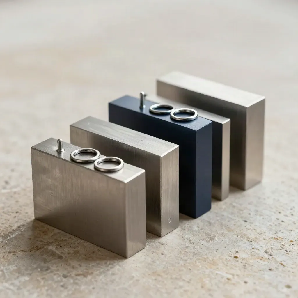 Modular aluminium blocks, dowel pins, and split rings on brushed stone under dramatic light