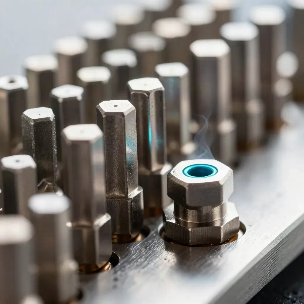 Macro of standoffs, clips, and a spacer on brushed metal with cyan edge light.