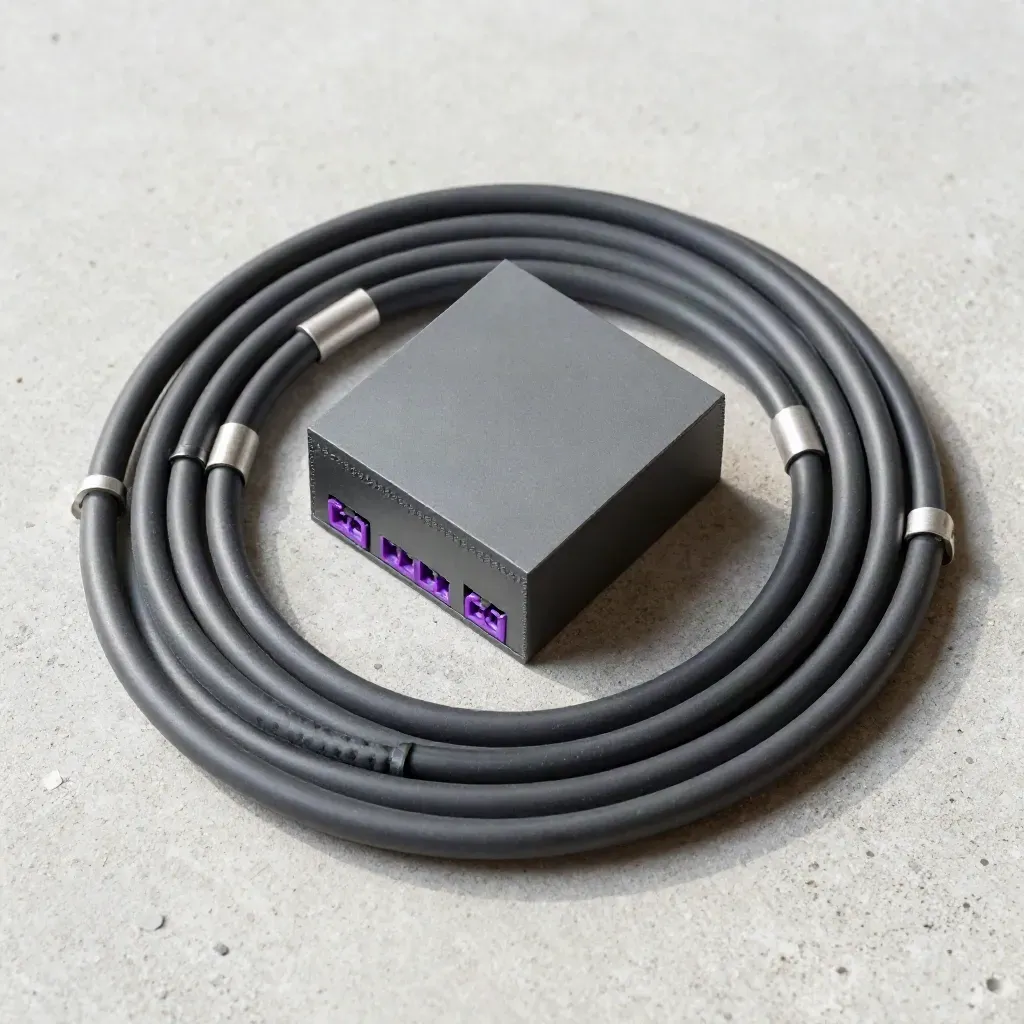 Top-down flatlay of gateway blocks, braided cables, and rack brackets on pale concrete with violet accent.