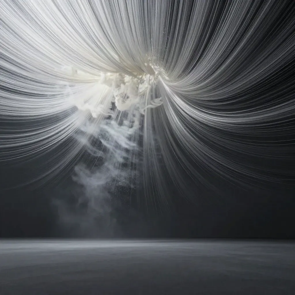 Silver filaments converge into a white bloom in dark graphite space with drifting motes.